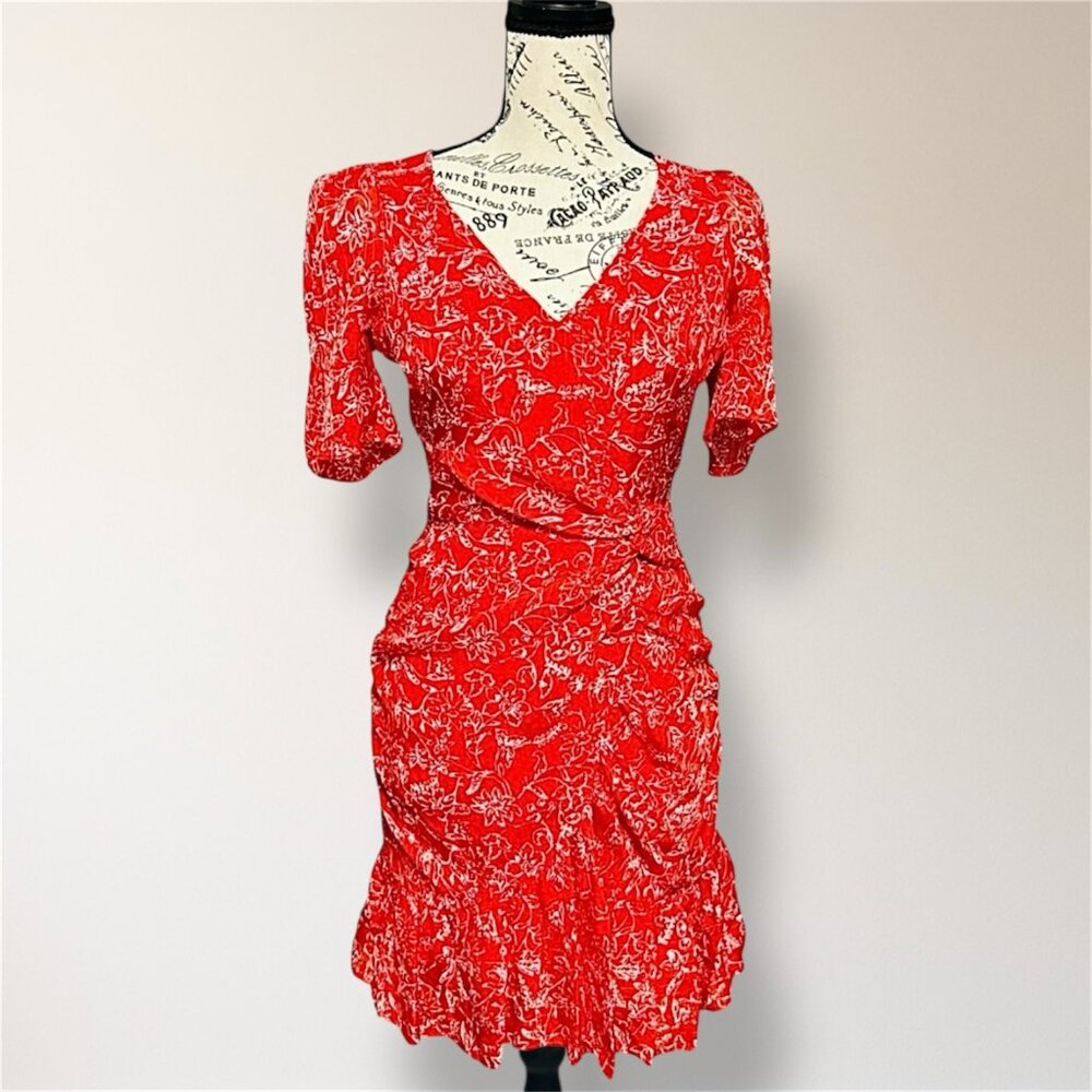 Parker Krislyn Silk Dress 0 Red Floral Ruched Ruffle V Neck Autumn Wedding Guest
